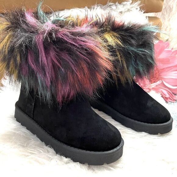 ROUGE HELIUM Colorful Faux Fur Black Suede Ankle Boots 7 - Picture 1 of 8